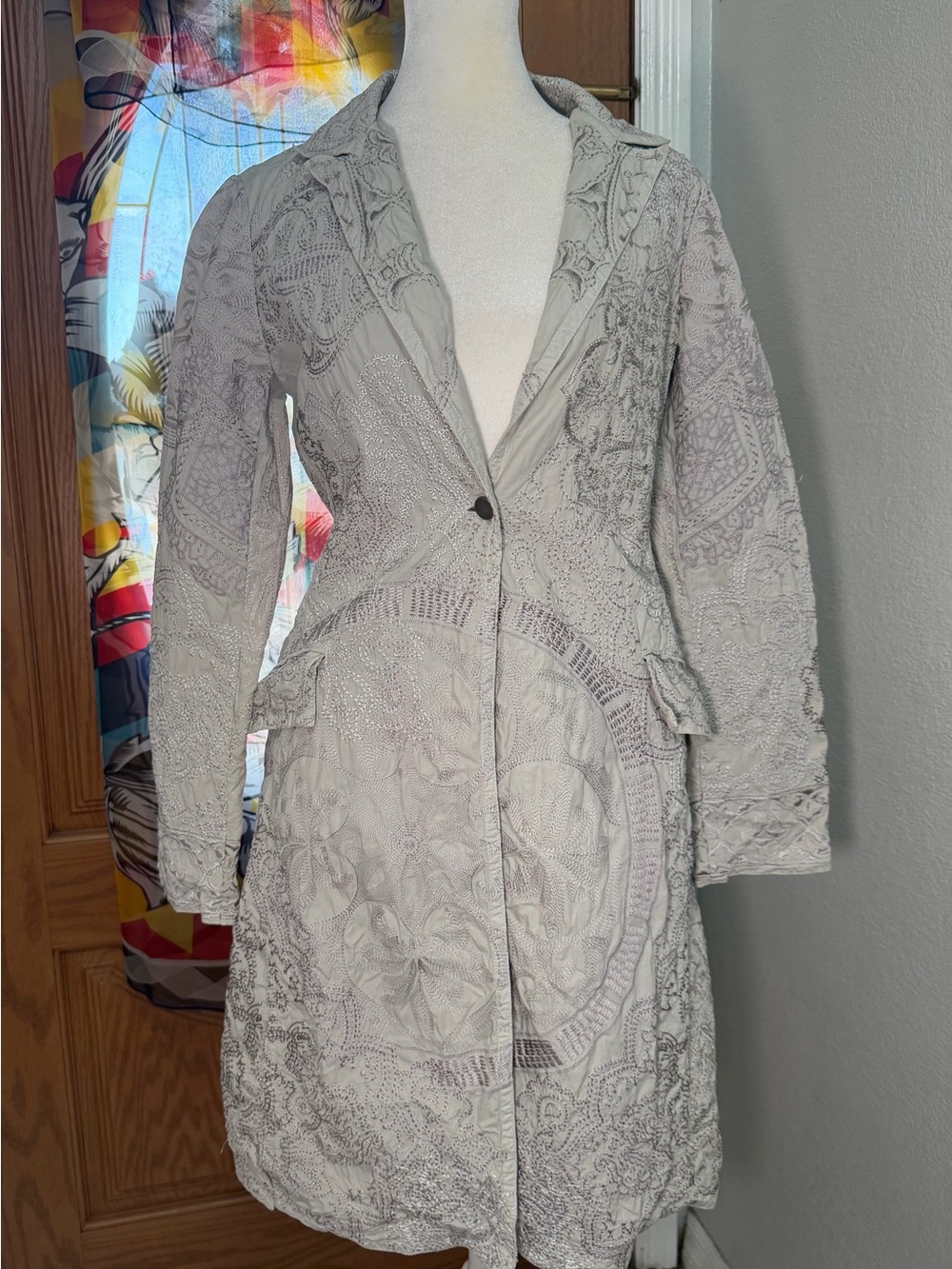 Johnny Was BIYA XS Embroidered Long Coat Duster Jacket Boho Ivory Gray - Picture 2 of 16